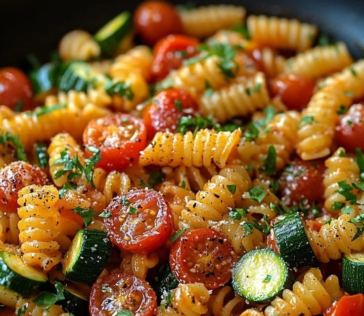 Delicious Tomato Zucchini Pasta garnished with herbs in a bowl