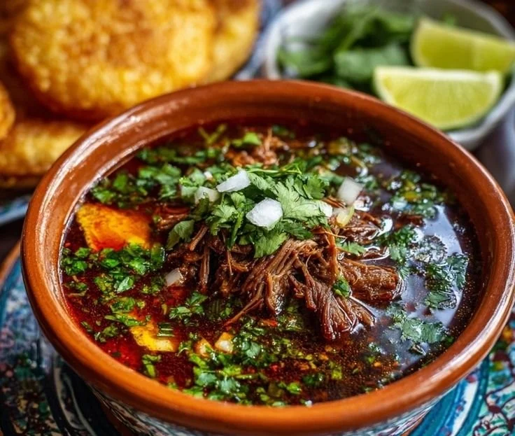 Delicious traditional Mexican Birria served in a bowl with fresh toppings