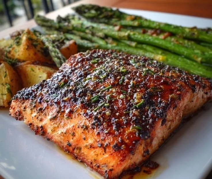 Delicious Traeger grilled salmon on a plate garnished with herbs