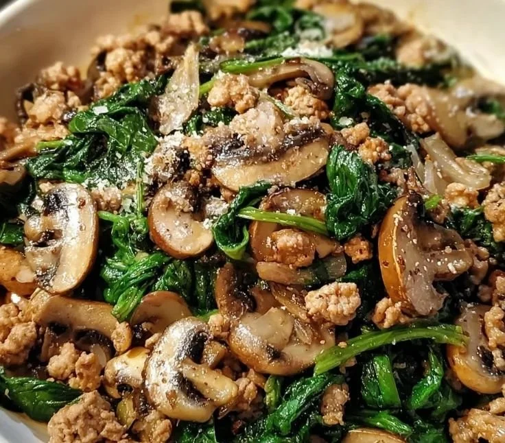 Turkey Spinach Mushroom Skillet dish with vibrant ingredients in a pan