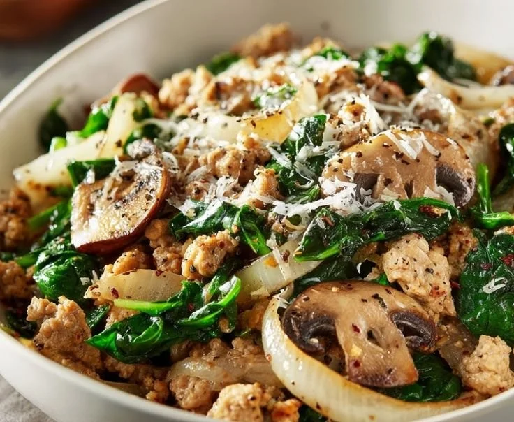 Delicious Turkey Spinach Mushroom Skillet served in a pan with colorful vegetables