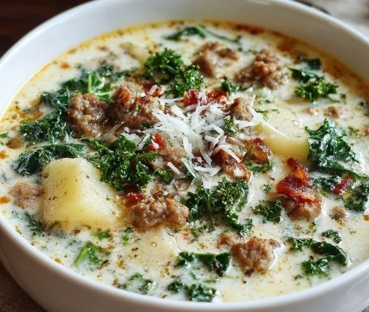 Bowl of homemade Tuscan soup with vegetables and beans