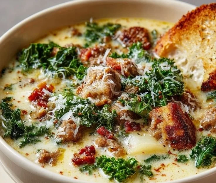 Bowl of delicious Tuscany Soup with fresh vegetables and herbs