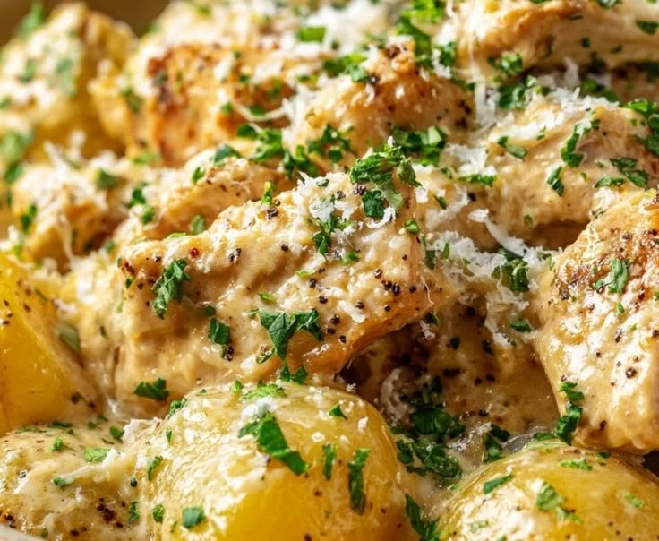 Delicious Crockpot Garlic Parmesan Chicken served with potatoes.