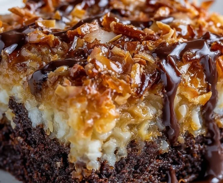 Delicious German chocolate poke cake with coconut and pecan frosting
