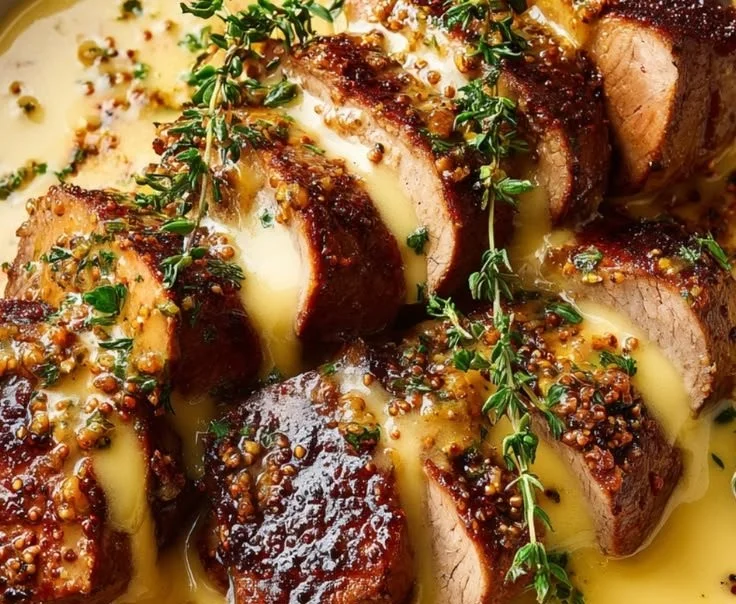 Pan-seared pork tenderloin served with Dijon cream sauce on a plate