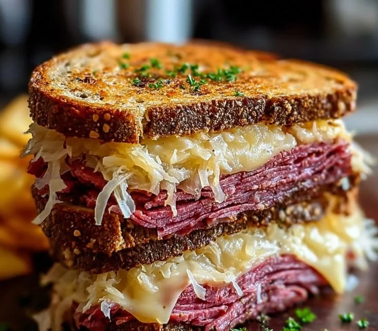 Delicious ultimate Reuben sandwich with corned beef, sauerkraut, and Swiss cheese.