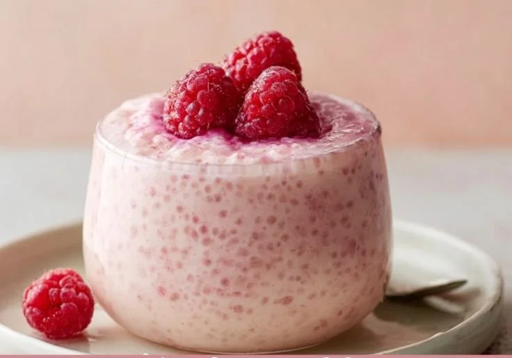Delicious Vanilla Raspberry Chia Pudding topped with fresh raspberries.