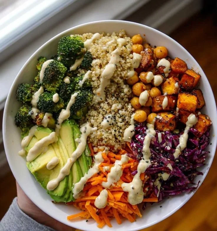 Colorful Vegan Buddha Bowl with fresh vegetables and grains, ready in 10 minutes