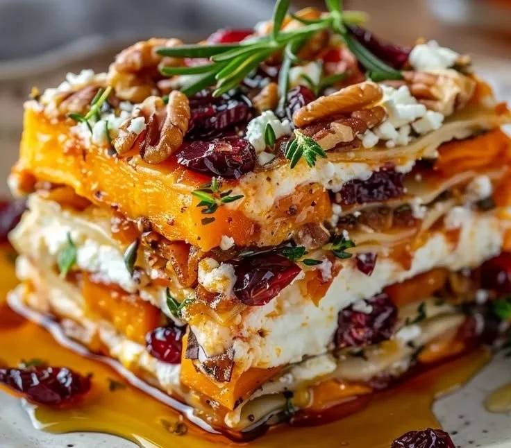 Delicious vegetable lasagna featuring sweet potato and butternut squash layers.
