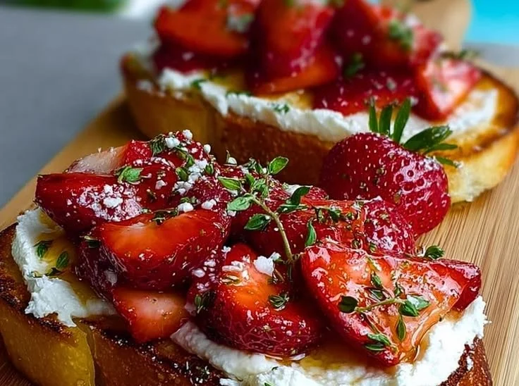 Whipped ricotta toast topped with roasted strawberries on a plate.