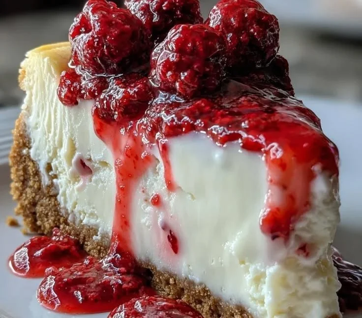 Delicious white chocolate raspberry cheesecake topped with fresh raspberries.