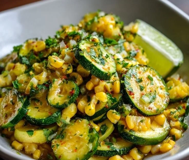 Bowl of zucchini and corn stew Calabacitas with fresh herbs