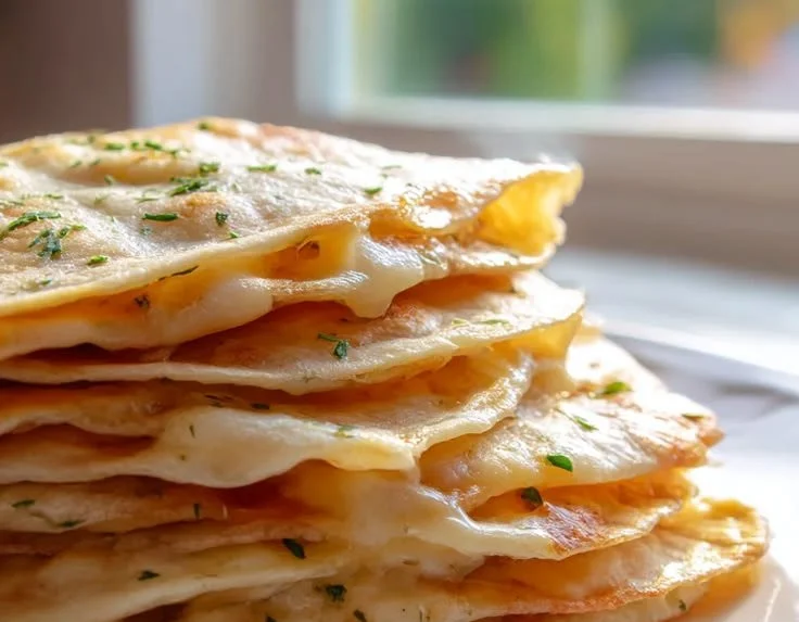 Air fryer cheesy tortilla garlic bread with melted cheese and herbs