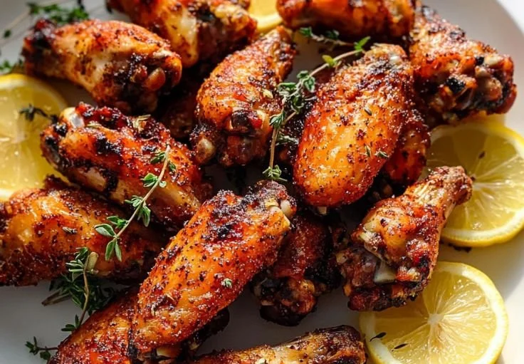Plate of crispy Mediterranean chicken wings cooked in an air fryer