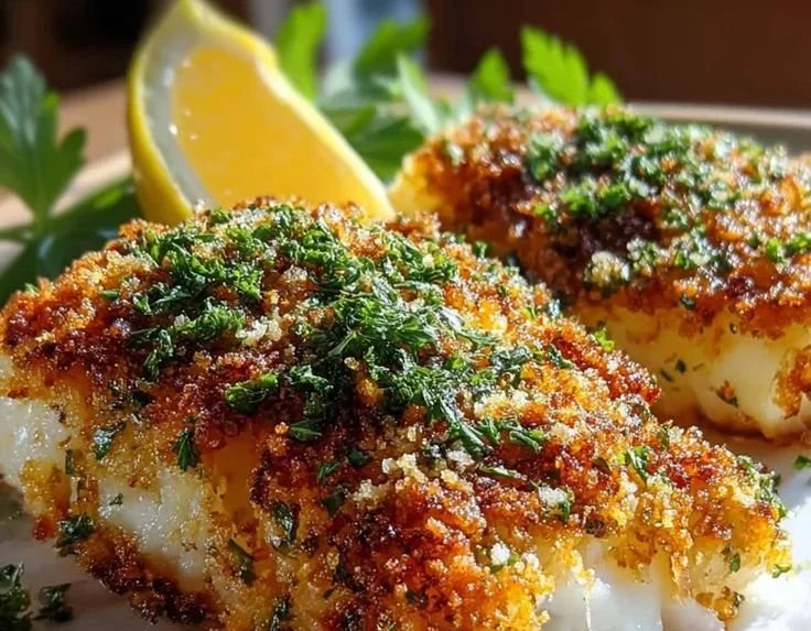 Delicious Air Fryer Parmesan-Crusted Cod served with lemon wedges