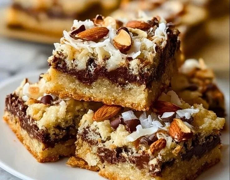 Delicious Almond Joy Cookie Bars topped with chocolate, coconut, and almonds