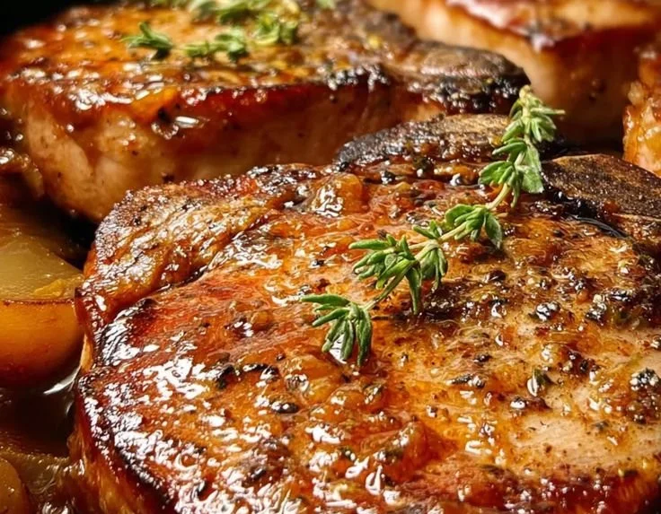 Delicious apple butter pork chops served on a plate with fresh herbs