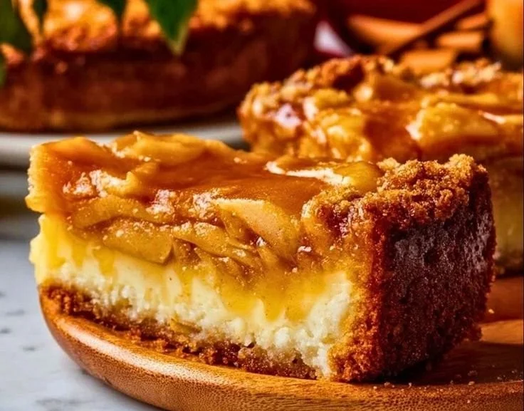 Slice of apple-flavored gooey butter cake with a golden crust and rich filling