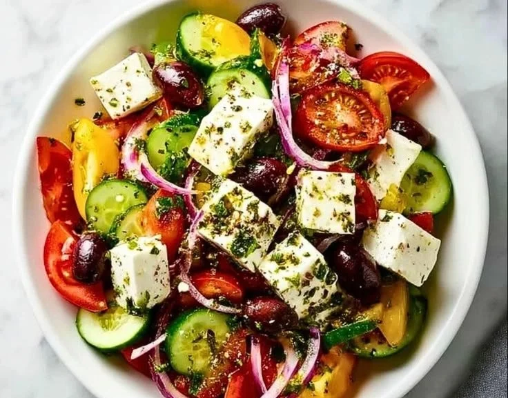 Bowl of authentic Mediterranean Greek salad with fresh vegetables and feta cheese.