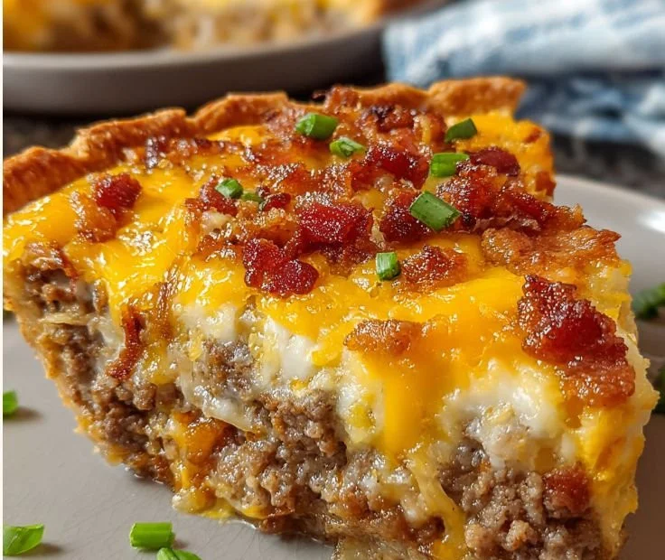 Delicious Bacon Cheeseburger Pie served on a plate with toppings