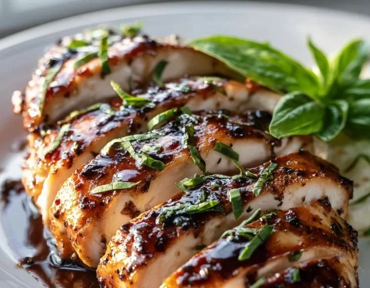 Baked balsamic chicken breast drizzled with balsamic glaze and served with vegetables.