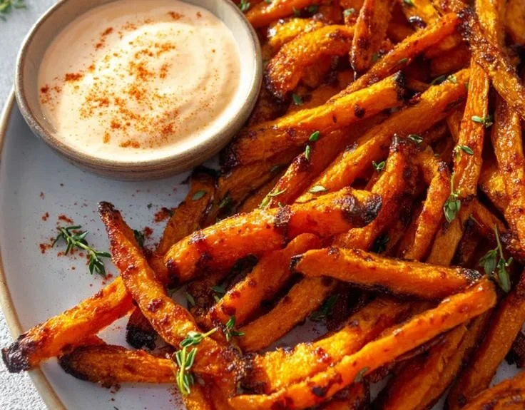 Baked carrot fries served with paprika garlic aioli for a healthy snack.