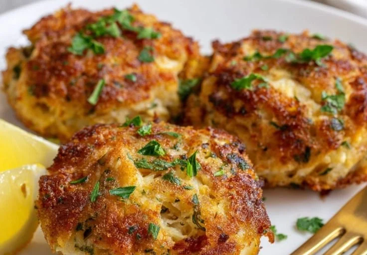 Baked crab cakes served with lemon and herbs on a plate