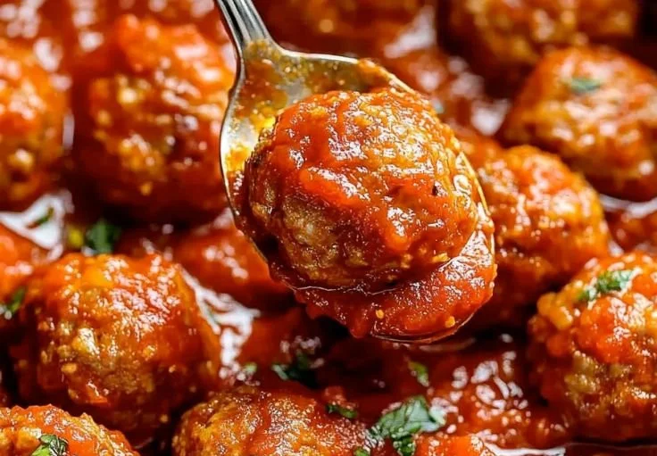 Baked meatballs in marinara sauce served in a bowl