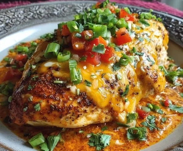 Baked queso chicken topped with melted cheese and spices, served on a plate.