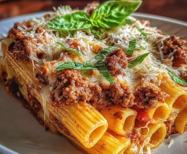 Baked rigatoni topped with beef ragu and melted mozzarella cheese