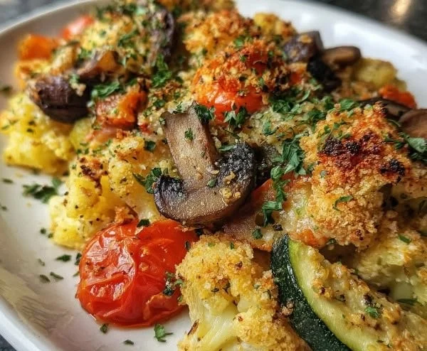 Baked vegetable casserole topped with cheese and fresh herbs, serving delicious flavor.