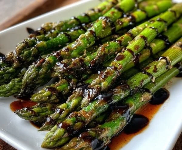 Balsamic-glazed roasted asparagus drizzled with balsamic vinegar glaze