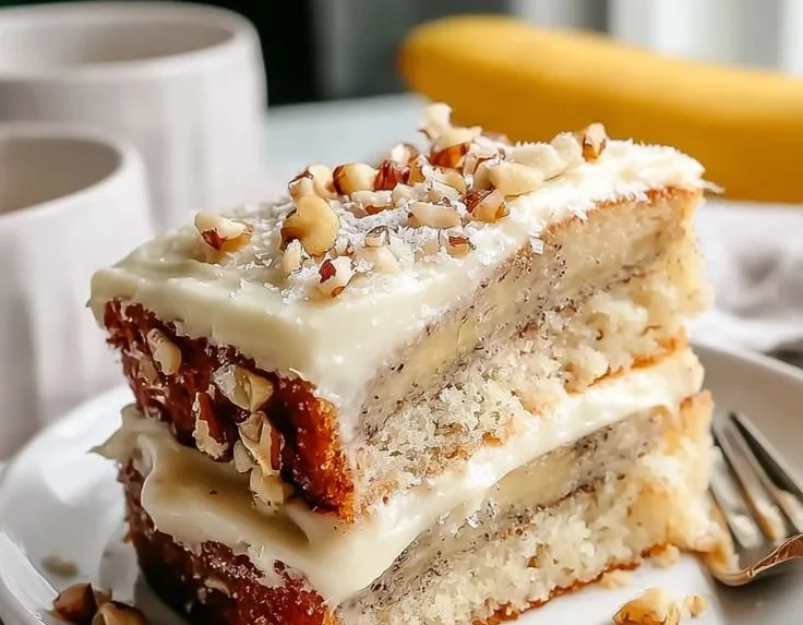 Delicious homemade banana cake topped with creamy frosting and banana slices