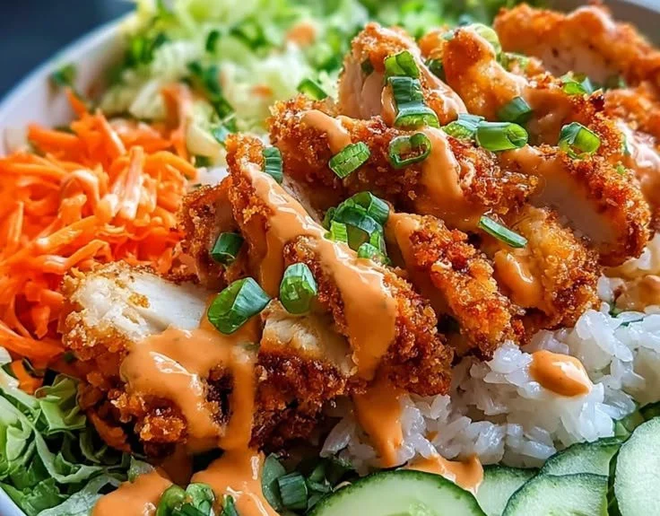Delicious Bang Bang Chicken Rice Bowl garnished with fresh vegetables