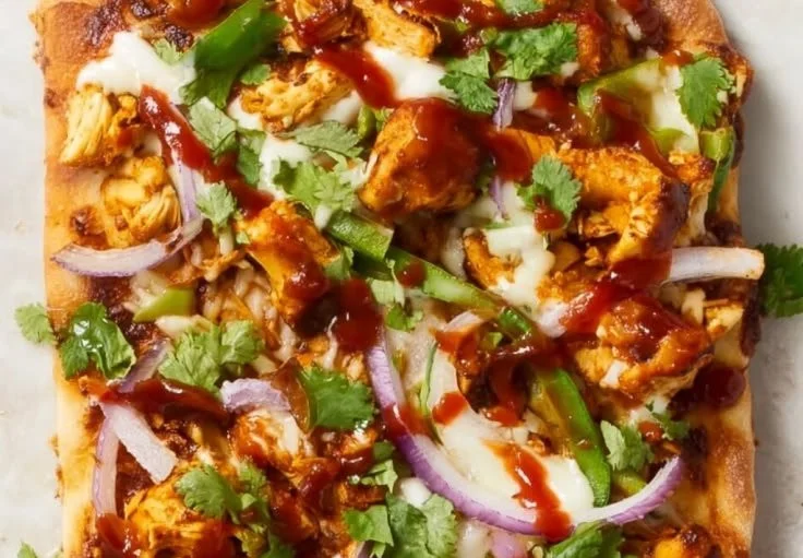 Delicious barbecue chicken flatbread pizza topped with cheese and fresh herbs