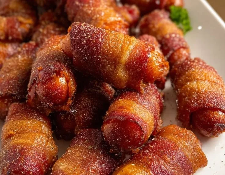 Beef bacon wrapped little smokies appetizer on a serving platter