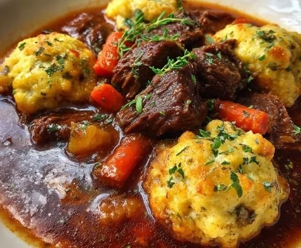 Delicious beef stew with cheddar herb dumplings served in a bowl