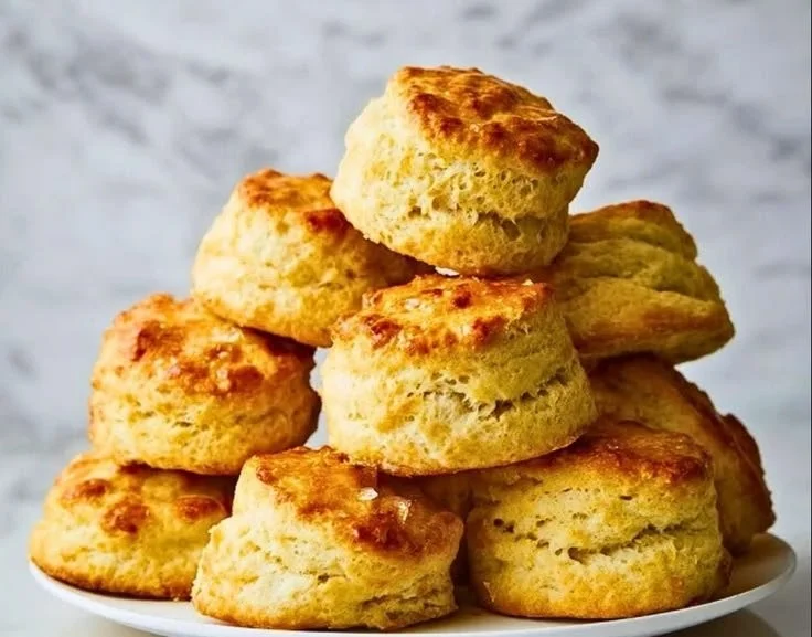 Deliciously flaky best ever sourdough biscuits on a wooden table