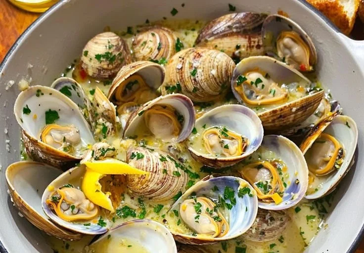 Delicious garlic white wine steamed clams ready to serve