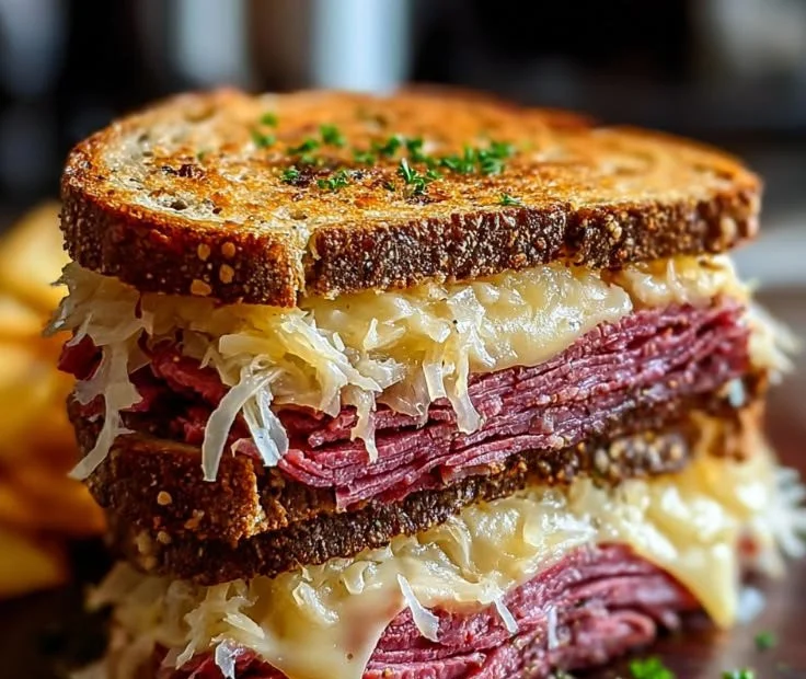 Delicious Reuben sandwich with corned beef, sauerkraut, and cheese