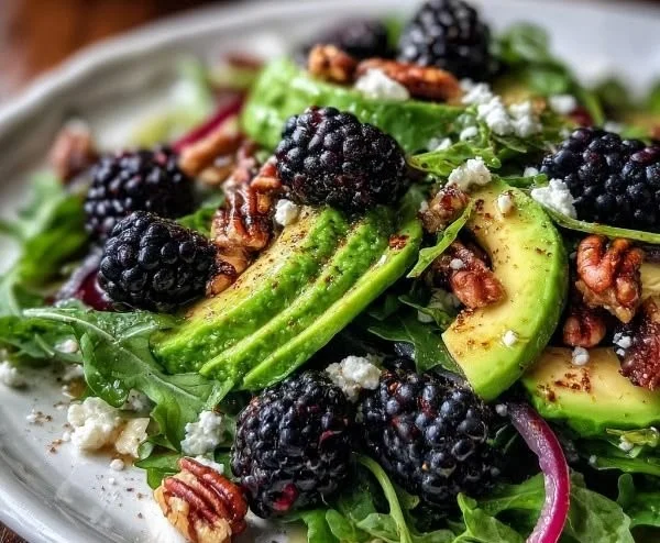 Blackberry avocado and arugula salad garnished with fresh ingredients