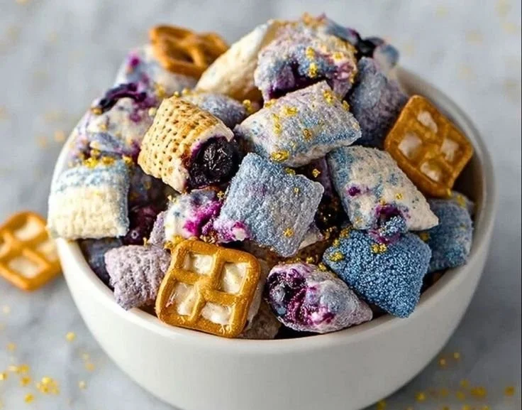 Blueberry lemon cheesecake puppy chow snack mix in a bowl