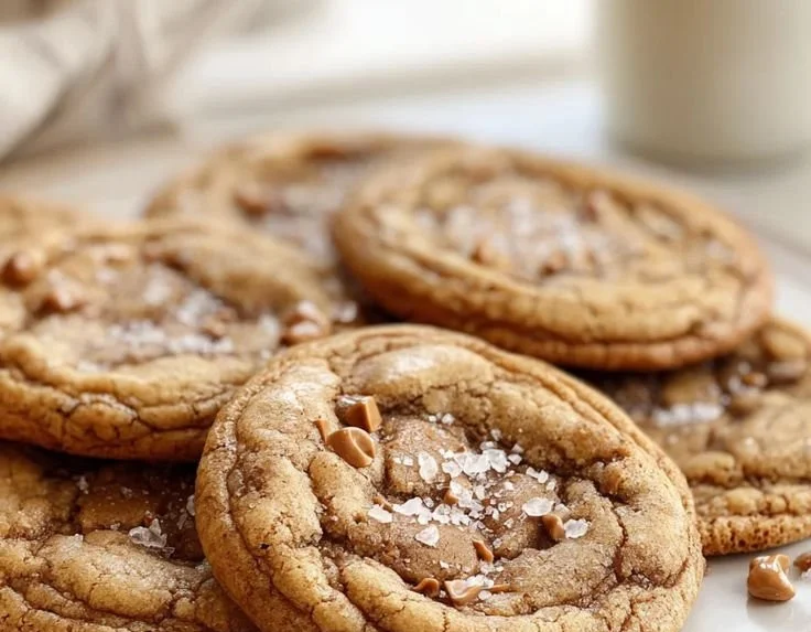Brown Butter Coffee Toffee Cookies stacked with a rich golden glaze