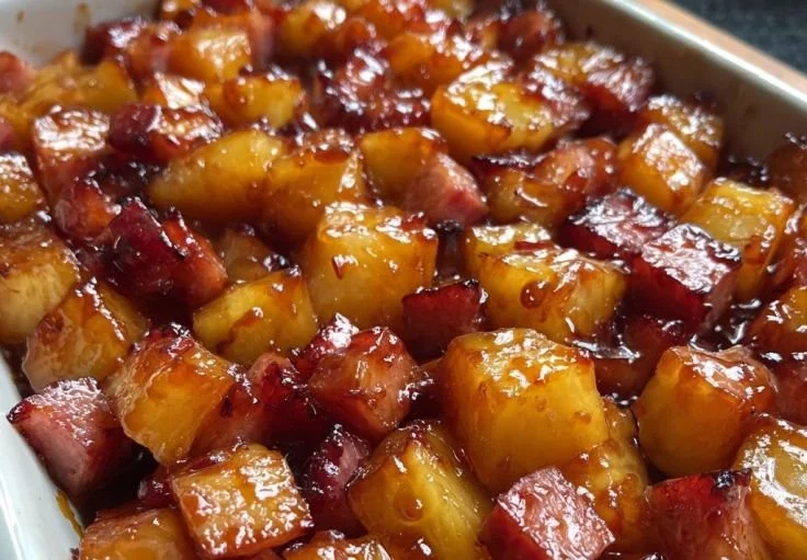 Brown Sugar Pineapple Ham Bake served on a plate with garnishes