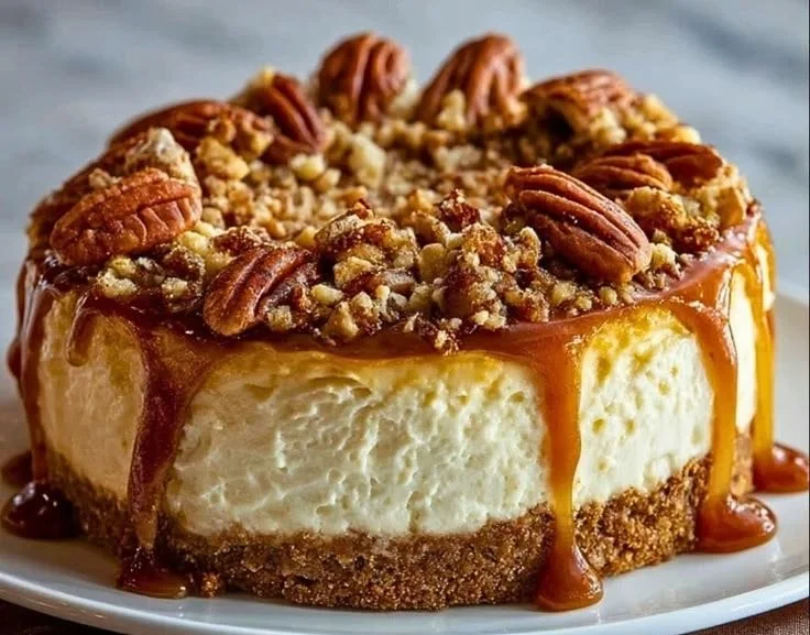 Delicious browned butter pecan cheesecake with rich caramelized flavors.
