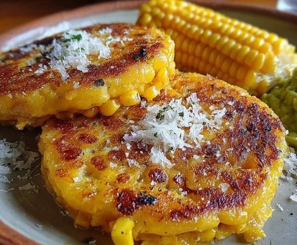 Delicious cachapas, golden Venezuelan corn pancakes served with cheese
