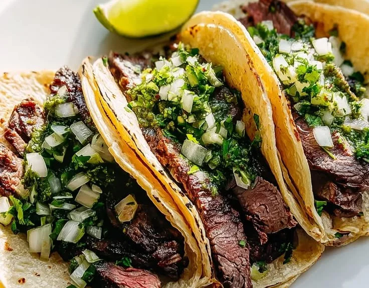 Delicious Carne Asada Tacos with fresh toppings and grilled beef