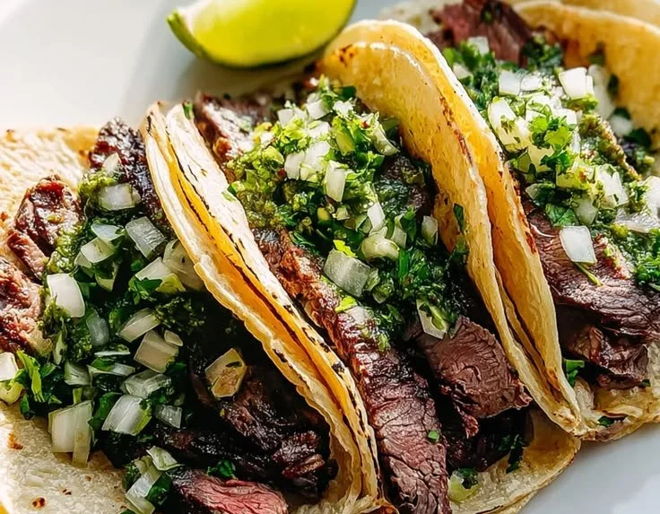 Delicious Carne Asada Tacos ready to serve with fresh toppings
