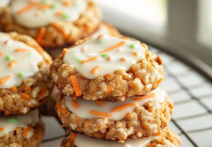 Delicious carrot cake cookies topped with cream cheese frosting and walnuts.